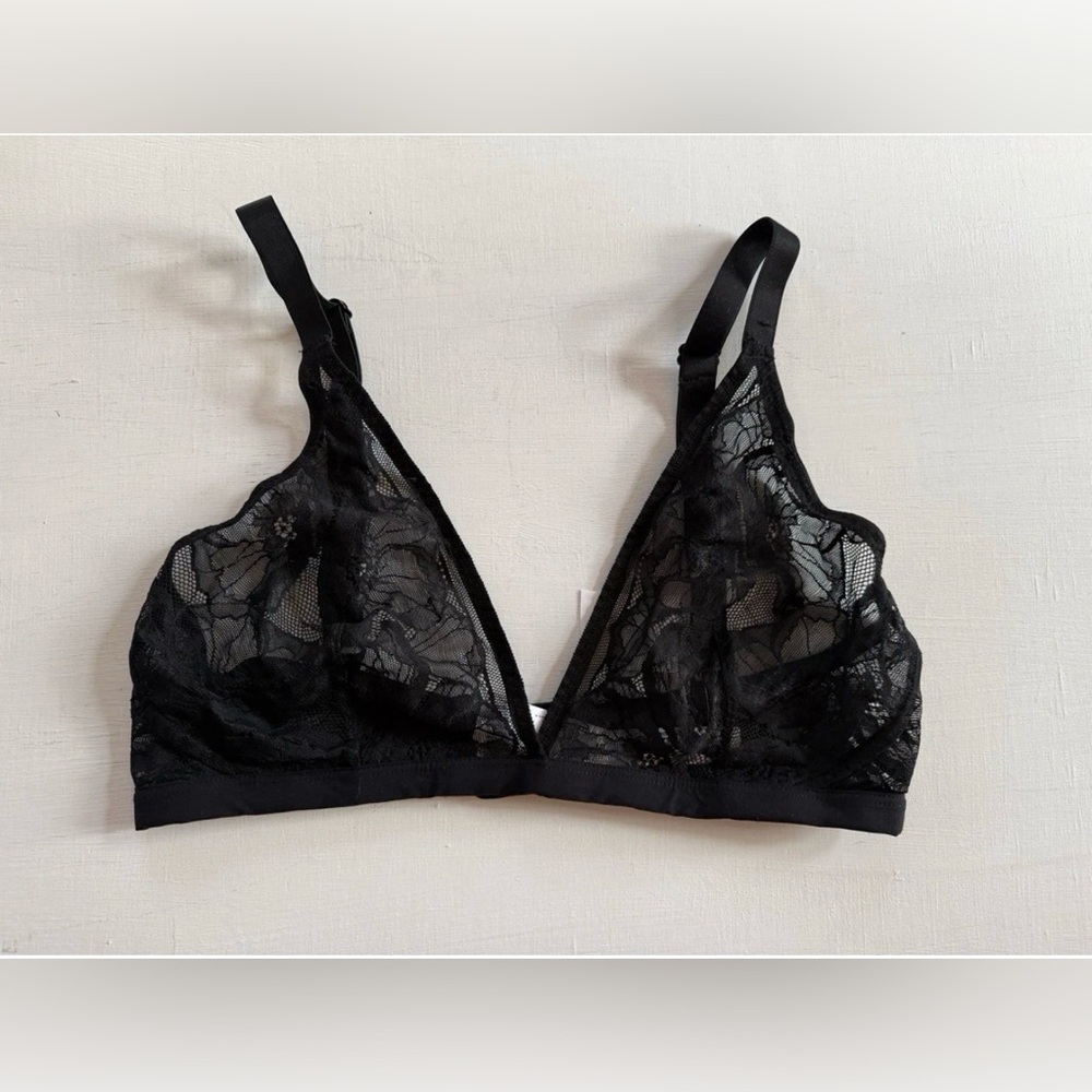 NWT ETAM Black Sheer Floral Lace Triangle Wireless Bra Women’s 34 D
